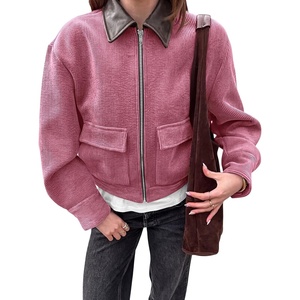Tankaneo Womens Cropped Corduroy Jackets Oversized Zip Up Barn Bomber Coat | Lightweight, Trendy, Casual, Streetwear, Fall, Spring, Corduroy Shacket, Faux Leather Collar, Short Length, Pockets(Pink)