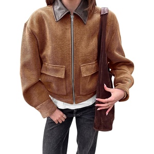 Tankaneo Womens Cropped Corduroy Jackets Oversized Zip Up Barn Bomber Coat | Lightweight, Trendy, Casual, Streetwear, Fall, Spring, Corduroy Shacket, Faux Leather Collar, Short Length, Pockets(Brown)