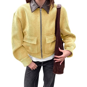 Tankaneo Womens Cropped Corduroy Jackets Oversized Zip Up Barn Bomber Coat | Lightweight, Trendy, Casual, Streetwear, Fall, Spring, Corduroy Shacket, Faux Leather Collar, Short Length, Pockets(Yellow)