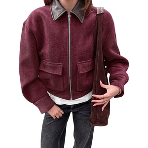Tankaneo Womens Cropped Corduroy Jackets Oversized Zip Up Barn Bomber Coat | Lightweight, Trendy, Casual, Streetwear, Fall, Spring, Corduroy Shacket, Faux Leather Collar, Short Length, Pockets(Wine Red)