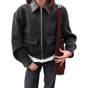Tankaneo Womens Cropped Corduroy Jackets Oversized Zip Up Barn Bomber Coat | Lightweight, Trendy, Casual, Streetwear, Fall, Spring, Corduroy Shacket, Faux Leather Collar, Short Length, Pockets(Black)