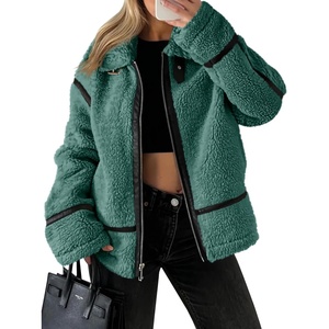 Tankaneo Womens Faux Fur Jackets Winter Trendy Sherpa Moto Zip Up Coat | Leather Patchwork(Army Green)