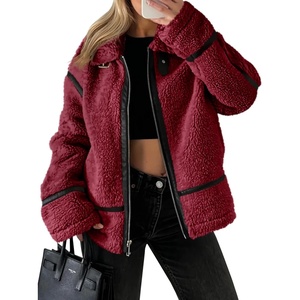 Tankaneo Womens Faux Fur Jackets Winter Trendy Sherpa Moto Zip Up Coat | Leather Patchwork(Burgundy)