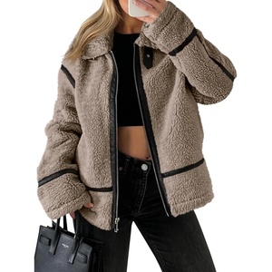 Tankaneo Womens Faux Fur Jackets Winter Trendy Sherpa Moto Zip Up Coat | Leather Patchwork(Light Brown)
