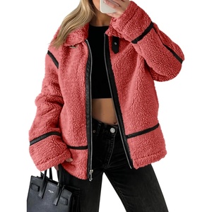 Tankaneo Womens Faux Fur Jackets Winter Trendy Sherpa Moto Zip Up Coat | Leather Patchwork(Red)