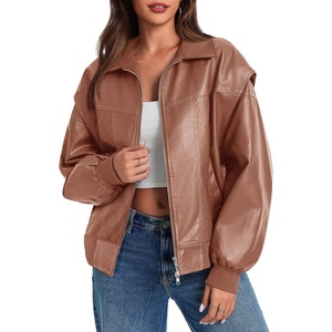 Tankaneo Womens Oversized Leather Bomber Jackets Zip Up Motorcycle Coats | Cap Sleeve, Zip Up, Motorcycle Coats, with Pockets(Light Brown)