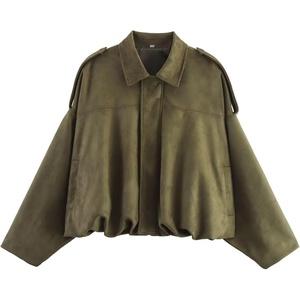 WOWULOVELY Women’s Faux Suede Bomber Jacket Lapel Pilot Motorcycle Coat Spring Long Sleeves Trendy Streetwear Outerwear(01-pocket Army Green)