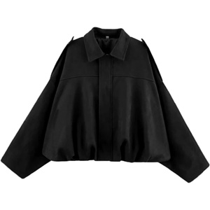 WOWULOVELY Women’s Faux Suede Bomber Jacket Lapel Pilot Motorcycle Coat Spring Long Sleeves Trendy Streetwear Outerwear(01-pocket Black)