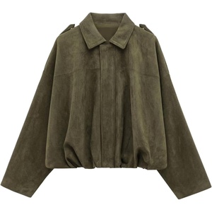 WOWULOVELY Women’s Faux Suede Bomber Jacket Lapel Pilot Motorcycle Coat Spring Long Sleeves Trendy Streetwear Outerwear(Army Green)