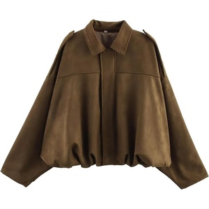 WOWULOVELY Women’s Faux Suede Bomber Jacket Lapel Pilot Motorcycle Coat Spring Long Sleeves Trendy Streetwear Outerwear(Brown)