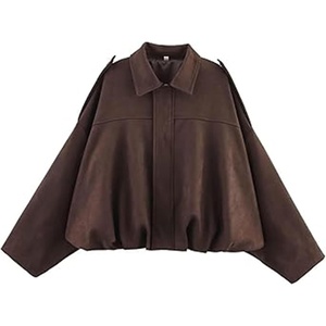 WOWULOVELY Women’s Faux Suede Bomber Jacket Lapel Pilot Motorcycle Coat Spring Long Sleeves Trendy Streetwear Outerwear(Coffee)