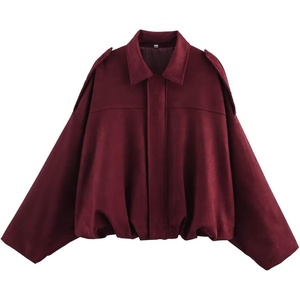 WOWULOVELY Women’s Faux Suede Bomber Jacket Lapel Pilot Motorcycle Coat Spring Long Sleeves Trendy Streetwear Outerwear(Wine Red)