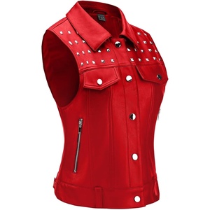 Women Faux Leather Vest Rivet Moto Biker Motorcycle Waistcoat | soft PU leather,cropped slim silhouette,rivet buckle decoration,chest decorative pocket,zip layering vest(119 Red)