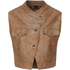 Women Faux Leather Vest Rivet Moto Biker Motorcycle Waistcoat | soft PU leather,cropped slim silhouette,rivet buckle decoration,chest decorative pocket,zip layering vest(117 Light Brown)