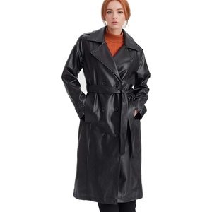 Women PU Leather Long Jacket Trench Coat Classic Lapel Coat with Belt