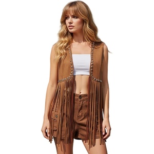 Women Tassel Studded Vest Sleeveless Flowy Fringe Jacket 60s 70s Faux Suede Gilet Coat Western Cowgirl Vintage Tops(A-brown)