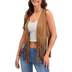 Women Tassel Studded Vest Sleeveless Flowy Fringe Jacket 60s 70s Faux Suede Gilet Coat Western Cowgirl Vintage Tops(B-camel)