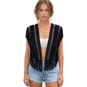 Women Tassel Studded Vest Sleeveless Flowy Fringe Jacket 60s 70s Faux Suede Gilet Coat Western Cowgirl Vintage Tops(D-black)