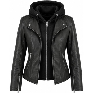 Women’s Cropped Faux Leather Jacket with Removable Hood and Ribbed Side Panels(Black)