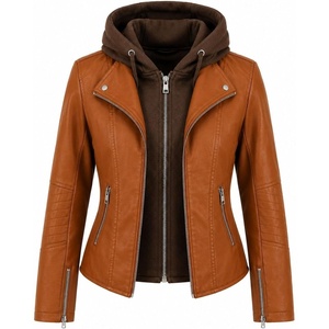 Women’s Cropped Faux Leather Jacket with Removable Hood and Ribbed Side Panels(Camel)
