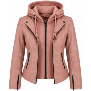 Women’s Cropped Faux Leather Jacket with Removable Hood and Ribbed Side Panels(Mauve)