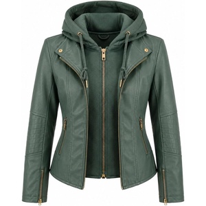 Women’s Cropped Faux Leather Jacket with Removable Hood and Ribbed Side Panels(Sage)