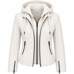 Women’s Cropped Faux Leather Jacket with Removable Hood and Ribbed Side Panels(White)