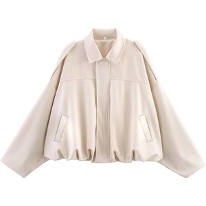 Womens Faux Suede Bomber Jacket Oversized Long Sleeve Cropped Coat | Lightweight Going Out Suede Jackets, 2 Pockets, Lapel Collar, Batwing Sleeve, Zip up, Outerwear for Casual Daily Vacation(Beige)