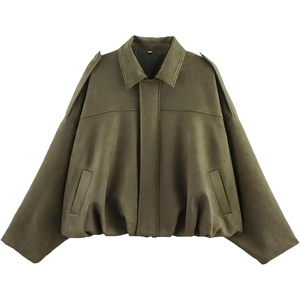 Womens Faux Suede Bomber Jacket Oversized Long Sleeve Cropped Coat | Lightweight Going Out Suede Jackets, 2 Pockets, Lapel Collar, Batwing Sleeve, Zip up, Outerwear for Casual Daily Vacation(Green)