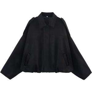 Womens Faux Suede Bomber Jacket Oversized Long Sleeve Cropped Coat | Lightweight Going Out Suede Jackets, 2 Pockets, Lapel Collar, Batwing Sleeve, Zip up, Outerwear for Casual Daily Vacation(Black)