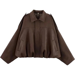 Womens Faux Suede Bomber Jacket Oversized Long Sleeve Cropped Coat | Lightweight Going Out Suede Jackets, 2 Pockets, Lapel Collar, Batwing Sleeve, Zip up, Outerwear for Casual Daily Vacation(Coffee)