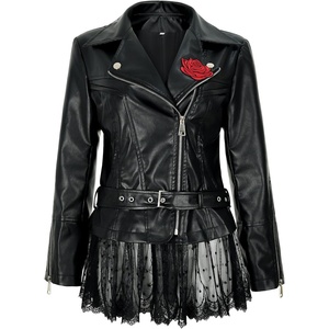 Women’s faux leather lace moto jacket with Peplum rose coat | Eco friendly faux leather,flower pattern,Lace hem patchwork jacket,Integrate various popular elements(Z3526)
