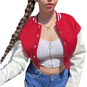 Xaspee Womens Cropped Varsity Jacket Color Block Baseball Jacket | Lightweight Women’s Cropped Baseball Jacket, Long Sleeve Bomber Style, Casual Streetwear Outerwear for Spring and Fall(Red)