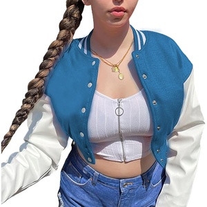 Xaspee Womens Cropped Varsity Jacket Color Block Baseball Jacket | Lightweight Women’s Cropped Baseball Jacket, Long Sleeve Bomber Style, Casual Streetwear Outerwear for Spring and Fall(Blue)