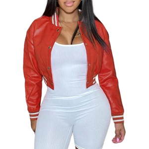 Xaspee Womens Faux Leather Varsity Jacket Cropped Baseball Bomber Jacket | Faux Leather Varsity Jacket With 2 Side Pockets, Snap Button Closure, Relaxed Fit For Casual Streetwear(Red)