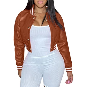 Xaspee Womens Faux Leather Varsity Jacket Cropped Baseball Bomber Jacket | Faux Leather Varsity Jacket With 2 Side Pockets, Snap Button Closure, Relaxed Fit For Casual Streetwear(Brown)
