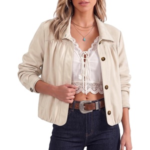 luvamia Faux Suede Jackets for Women Long Sleeve Button Up Bubble Coat | Funnel Neck Short Jacket, Elastic Bubble Hem, Front Pockets, Western Trendy Outerwear Stretchy, Dressy Casual Fall Outfits(Vanilla)
