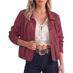 luvamia Faux Suede Jackets for Women Long Sleeve Button Up Bubble Coat | Funnel Neck Short Jacket, Elastic Bubble Hem, Front Pockets, Western Trendy Outerwear Stretchy, Dressy Casual Fall Outfits(Wine Red)