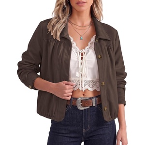 luvamia Faux Suede Jackets for Women Long Sleeve Button Up Bubble Coat | Funnel Neck Short Jacket, Elastic Bubble Hem, Front Pockets, Western Trendy Outerwear Stretchy, Dressy Casual Fall Outfits(Coffee Brown)