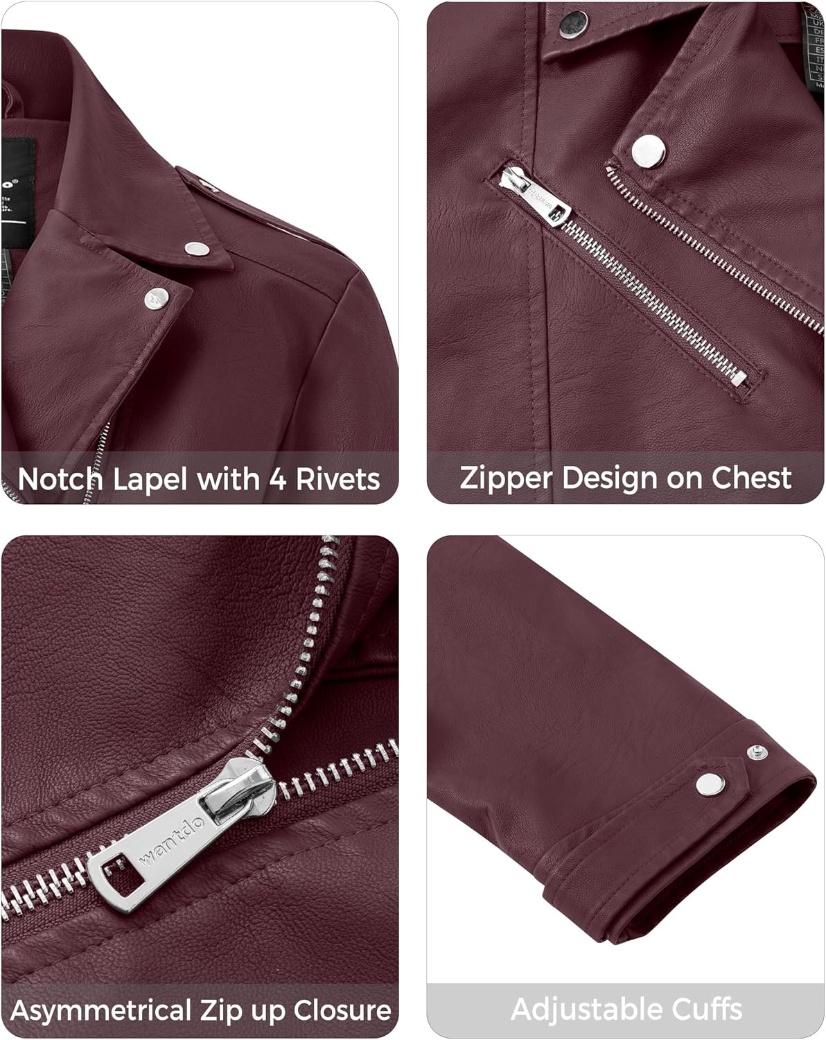 image:imagewantdo Womens Plus Size Faux Leather Jacket Motorcycle Biker Jacket Lapel Collar Cropped Leather JacketWestern Style for Daily OutingsBusiness CasualMotorcycle Riding amp Outdoor ActivitiesWine Red
