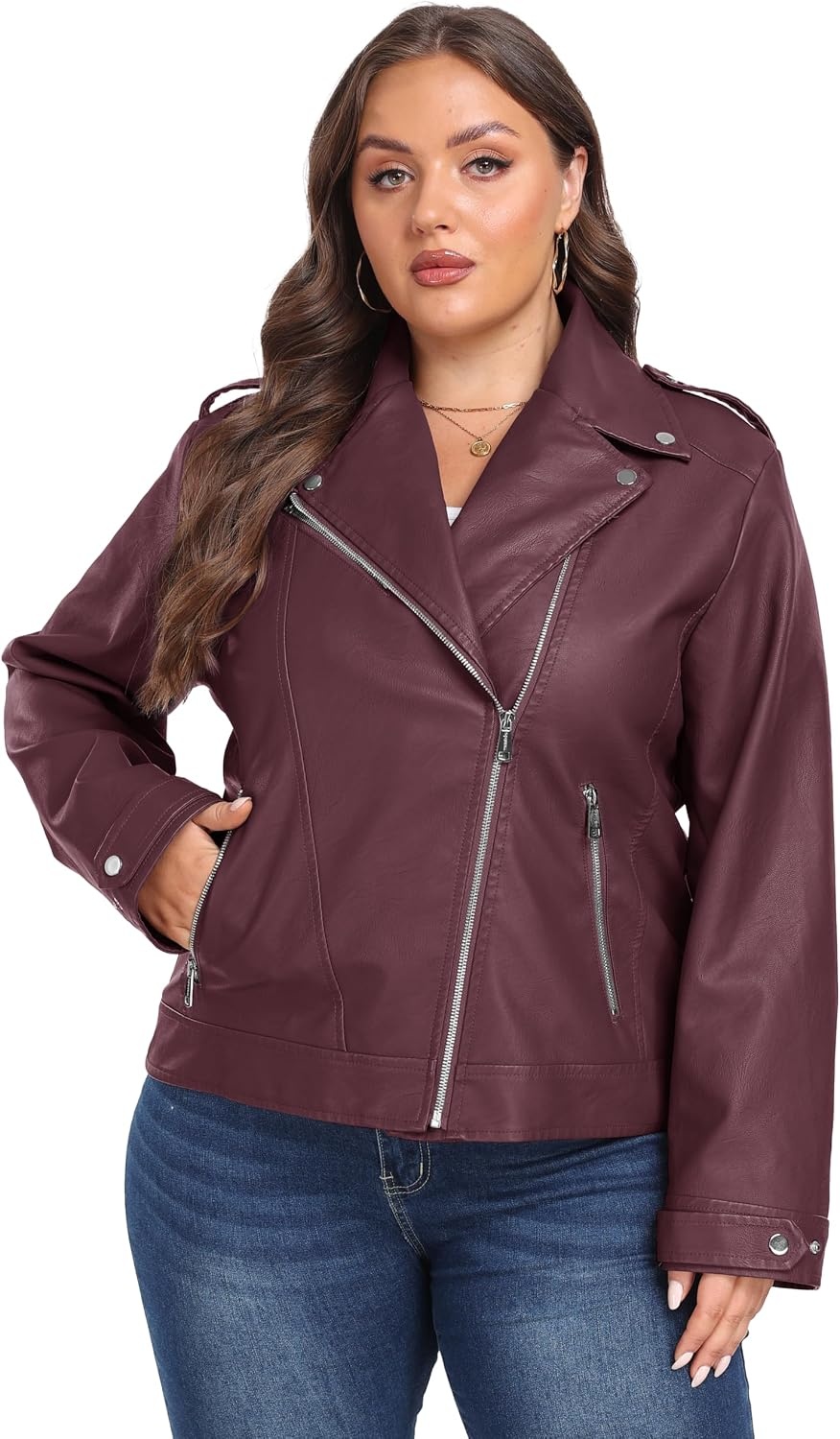 image:imagewantdo Womens Plus Size Faux Leather Jacket Motorcycle Biker Jacket Lapel Collar Cropped Leather JacketWestern Style for Daily OutingsBusiness CasualMotorcycle Riding amp Outdoor ActivitiesWine Red