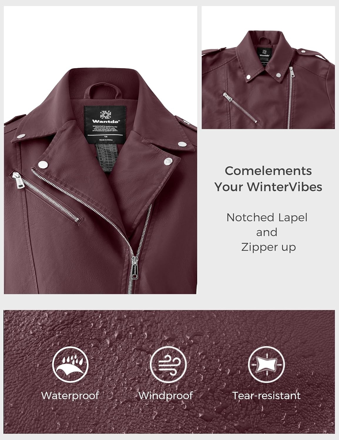 image:imagewantdo Womens Plus Size Faux Leather Jacket Motorcycle Biker Jacket Lapel Collar Cropped Leather JacketWestern Style for Daily OutingsBusiness CasualMotorcycle Riding amp Outdoor ActivitiesWine Red
