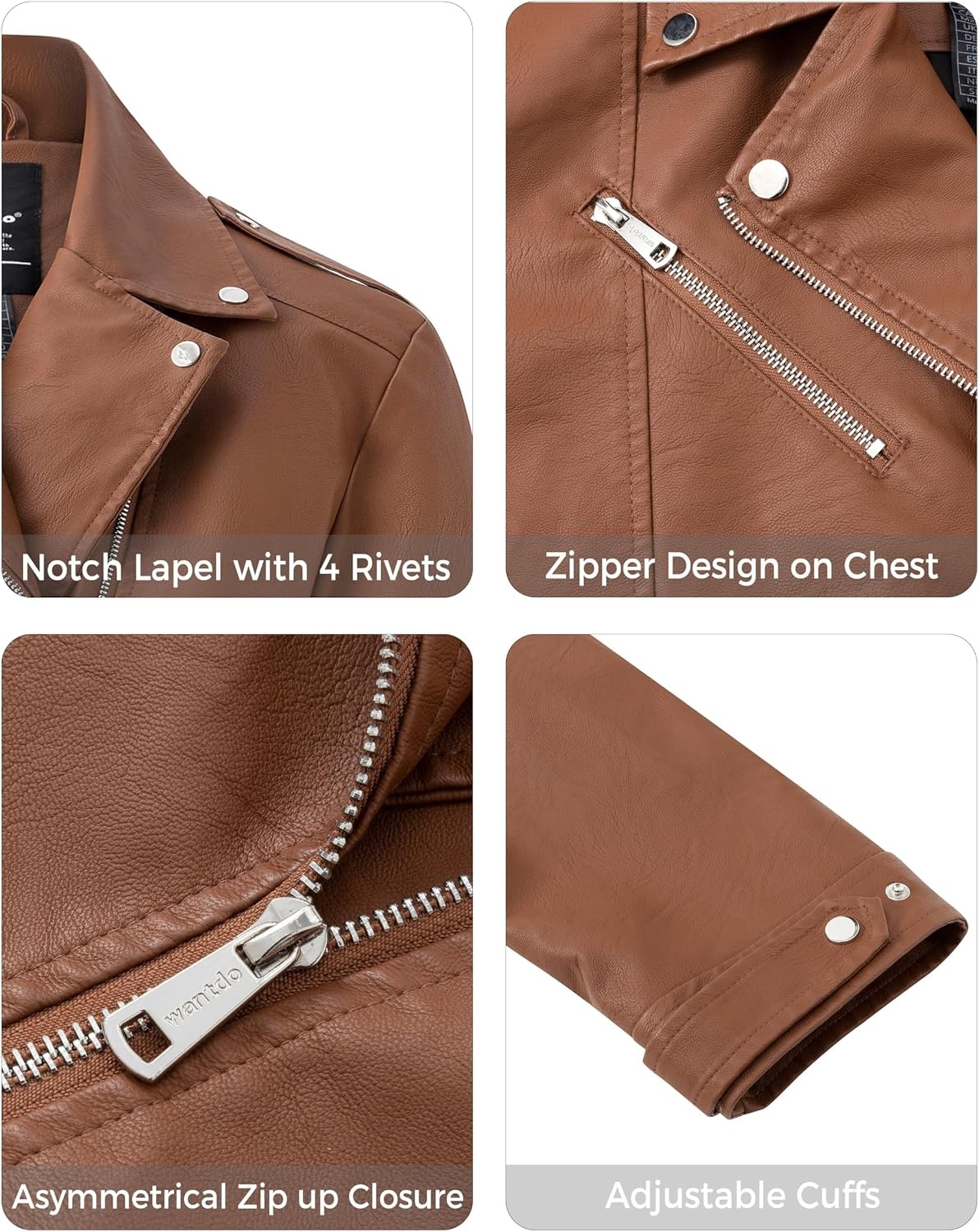 image:imagewantdo Womens Plus Size Faux Leather Jacket Motorcycle Biker Jacket Lapel Collar Cropped Leather JacketWestern Style for Daily OutingsBusiness CasualMotorcycle Riding amp Outdoor ActivitiesBrown