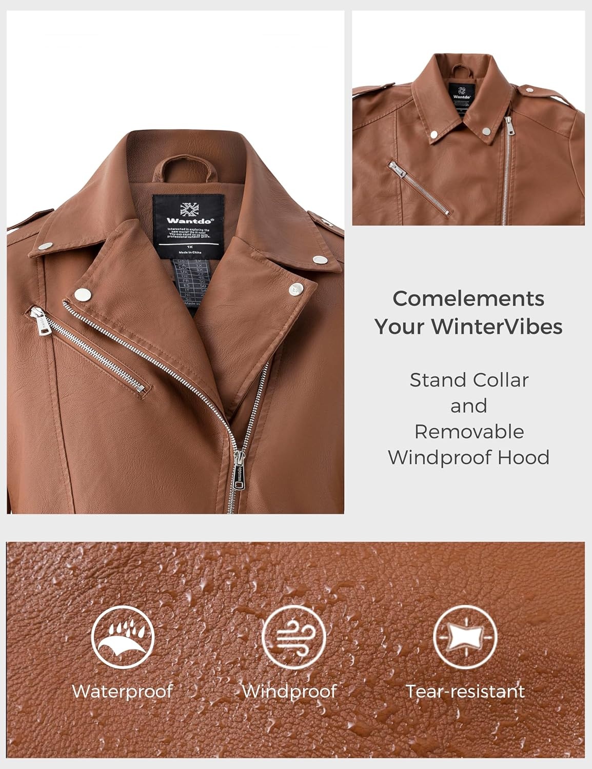 image:imagewantdo Womens Plus Size Faux Leather Jacket Motorcycle Biker Jacket Lapel Collar Cropped Leather JacketWestern Style for Daily OutingsBusiness CasualMotorcycle Riding amp Outdoor ActivitiesBrown