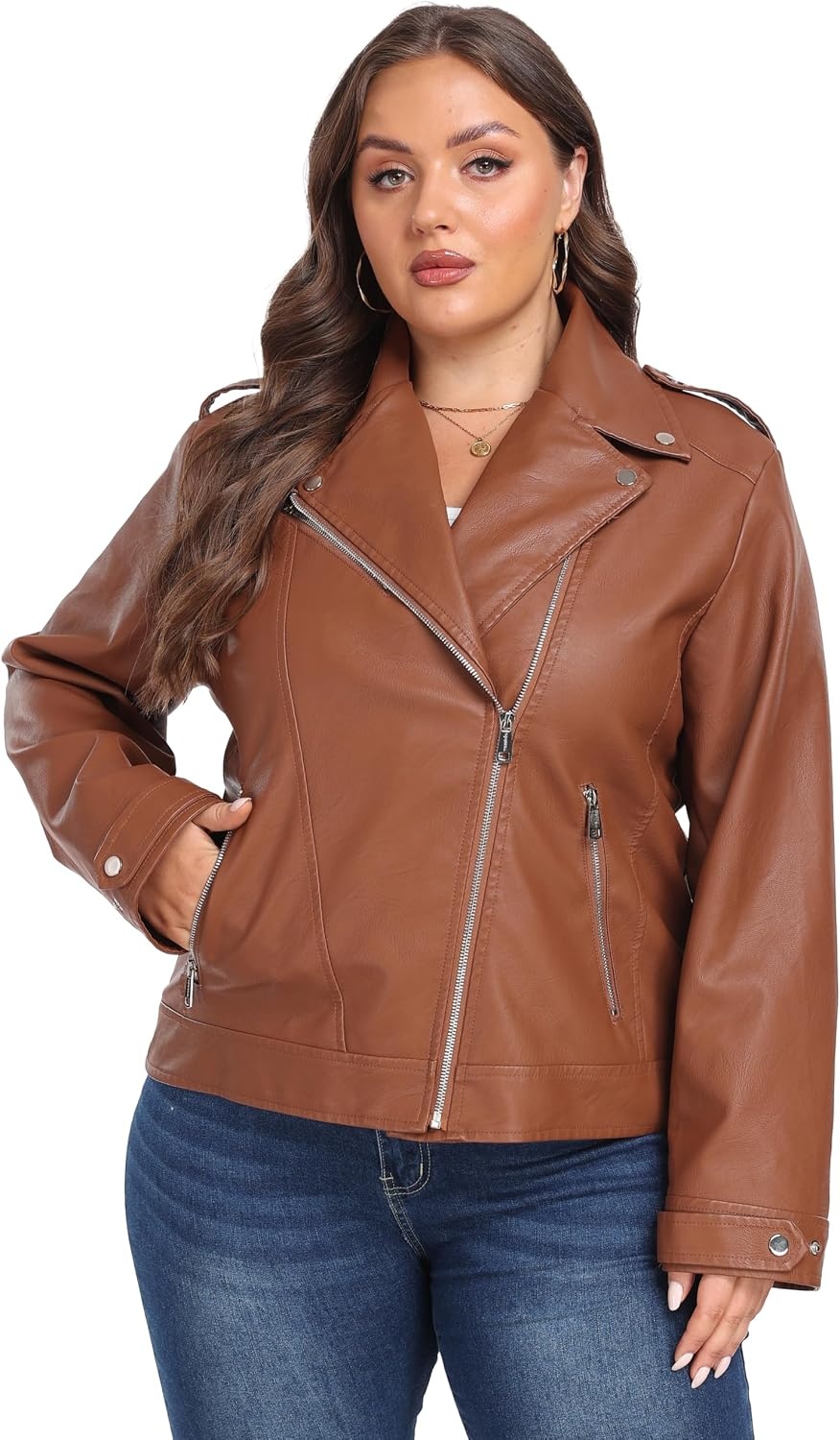 image:imagewantdo Womens Plus Size Faux Leather Jacket Motorcycle Biker Jacket Lapel Collar Cropped Leather JacketWestern Style for Daily OutingsBusiness CasualMotorcycle Riding amp Outdoor ActivitiesBrown