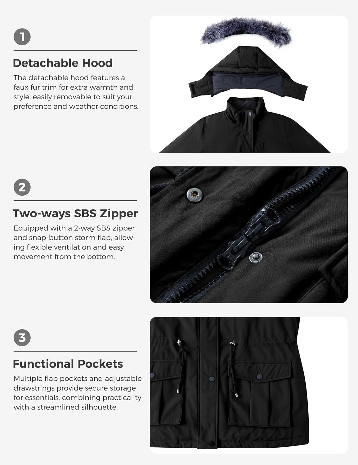 image:imagewantdo Womens Plus Size Winter Coat Waterproof Puffer Parka Jacket Hood Heavyweight Winter ParkaRemovable Faux Fur HoodWindproofWinter Coats for Snowy Cold WeatherOutampInterior MultipocketsBlack