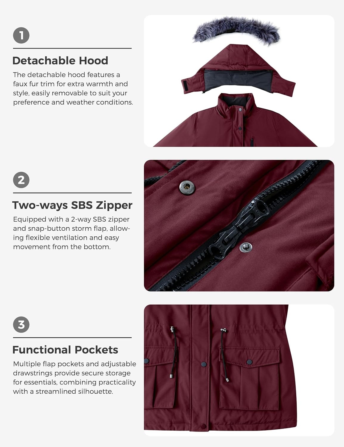 image:imagewantdo Womens Plus Size Winter Coat Waterproof Puffer Parka Jacket Hood Heavyweight Winter ParkaRemovable Faux Fur HoodWindproofWinter Coats for Snowy Cold WeatherOutampInterior MultipocketsWine Red