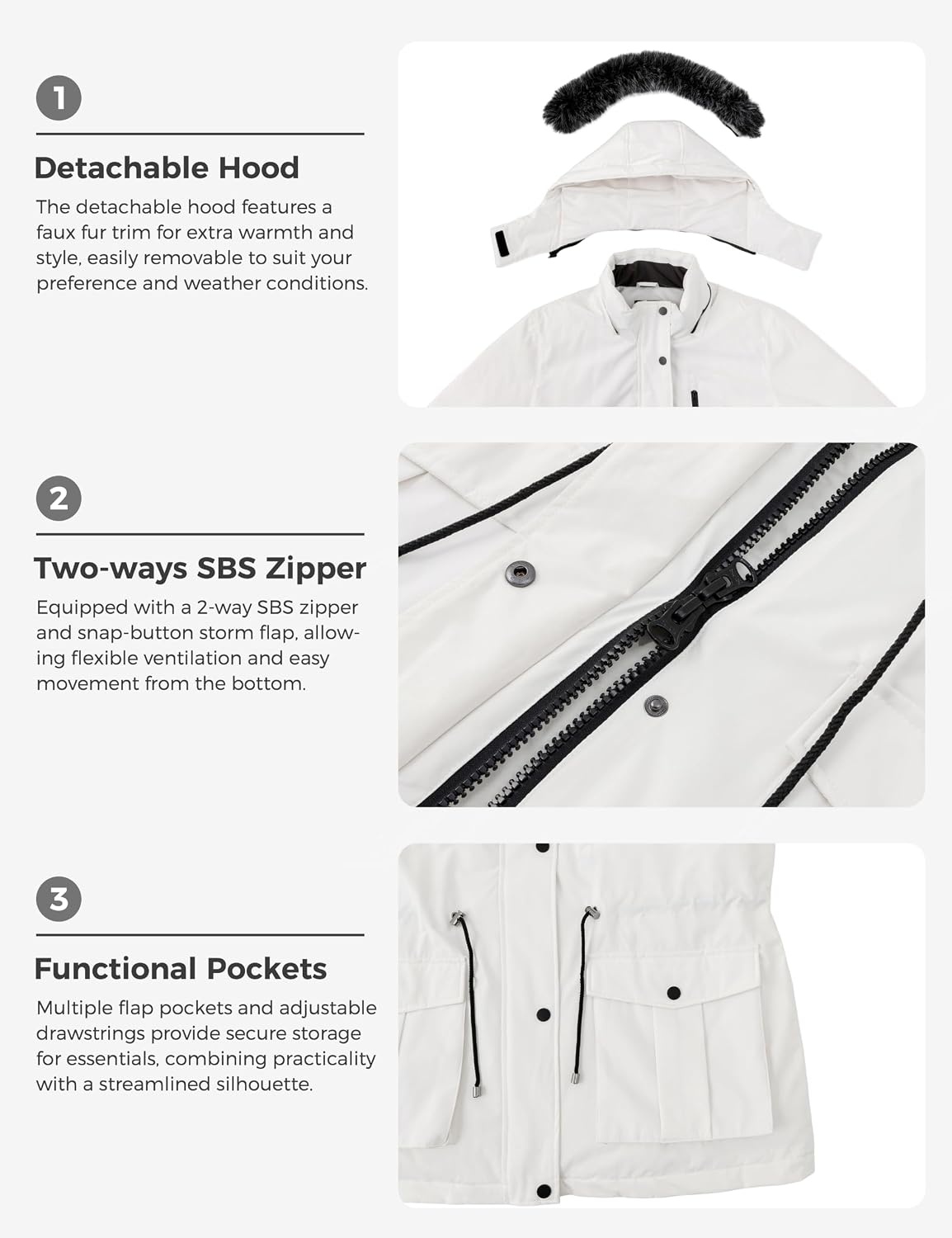 image:imagewantdo Womens Plus Size Winter Coat Waterproof Puffer Parka Jacket Hood Heavyweight Winter ParkaRemovable Faux Fur HoodWindproofWinter Coats for Snowy Cold WeatherOutampInterior MultipocketsWhite