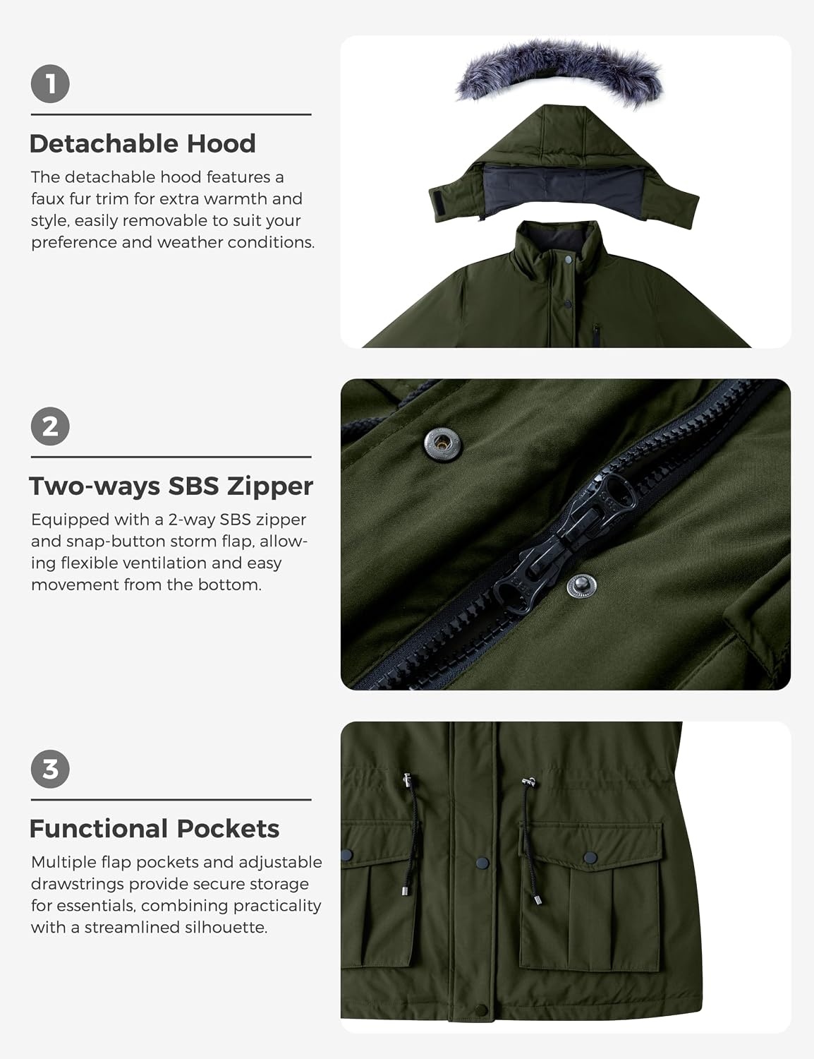 image:imagewantdo Womens Plus Size Winter Coat Waterproof Puffer Parka Jacket Hood Heavyweight Winter ParkaRemovable Faux Fur HoodWindproofWinter Coats for Snowy Cold WeatherOutampInterior MultipocketsArmy Green