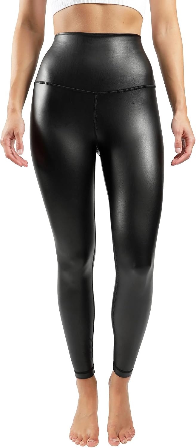 image:image90 Degree By Reflex Super High Waist High Shine Faux Leather Fleece Lined Elastic Free Ankle LeggingsBlack Elastic Free